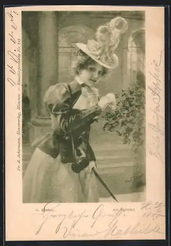 Künstler-AK sign. O. Bluhm: Am Sprudel, Dame mit hohem Hut und Teetasse