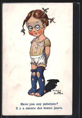 Künstler-AK sign. Dudley Buxton: Have you any potatoes?, Mädchen in abgerissenen Kleidern