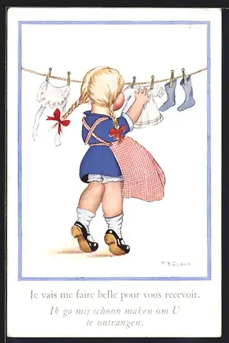 Künstler-AK sign. M. B. Cooper: Mädchen hängt Wäsche auf, Washing day is a busy day