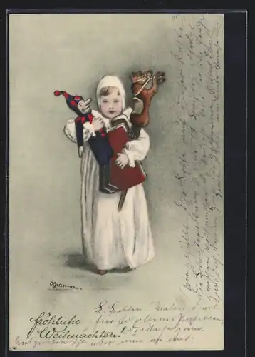Künstler-AK M. Munk Nr. 200: Kind im weissen Nachthemd mit Geschenken im Arm