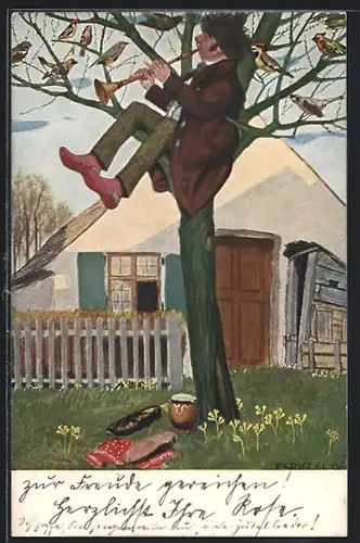 Künstler-AK Ferdinand Spiegel: Der Sonderling - Mann spielt Vögeln im Baum auf Blasinstrument etwas vor