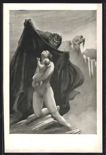 AK A.L. Salac Zyklus Die Liebe und das Geschlecht - Untreue - Frau mit Baby vor monströsen Mann mit Tuch