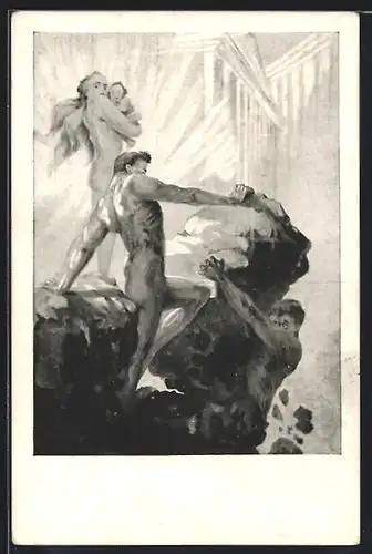 AK A.L. Salac Zyklus Die Liebe und das Geschlecht - Treue - Frau mit Baby im Arm neben Männern am Felsen