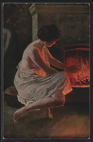 Künstler-AK sign. A. G. Damm: Am Feuer, Dame wärmt sich am Kamin
