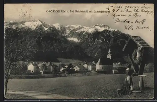 AK Grossgmain, Ortsansicht mit Lattengebirge