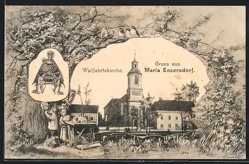 Passepartout-AK Maria Enzersdorf, Wallfahrtskirche, Kinder an einem Baum mit Vögeln, Heiligenbild