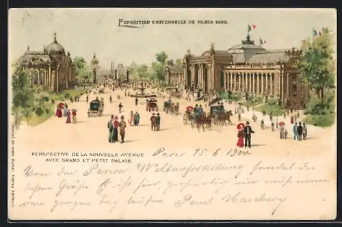 Lithographie Paris, Exposition universelle de 1900, La Nouvelle Avenue avec Grand et Petit Palais