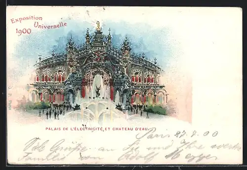 Lithographie Paris, Exposition universelle de 1900, Palais de l`Électricité et Chateau d`Eau