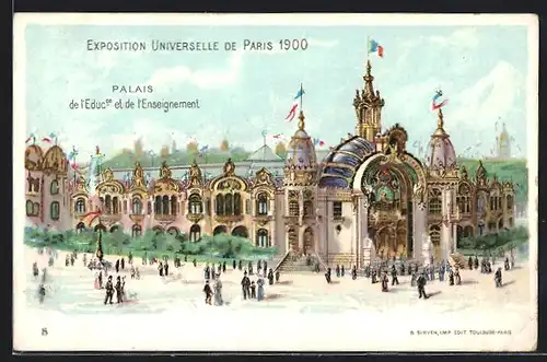 Lithographie Paris, Exposition universelle de 1900, Palais de l`Education et de l`Enseignement