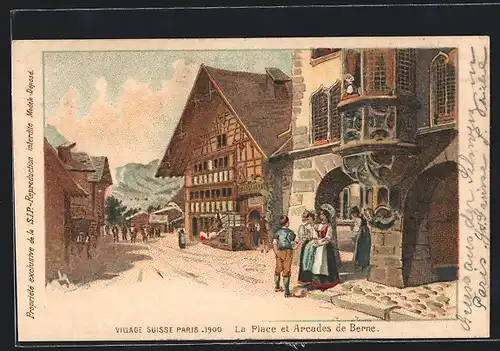 Lithographie Paris, Exposition universelle de 1900, La Place et Arcades de Berne