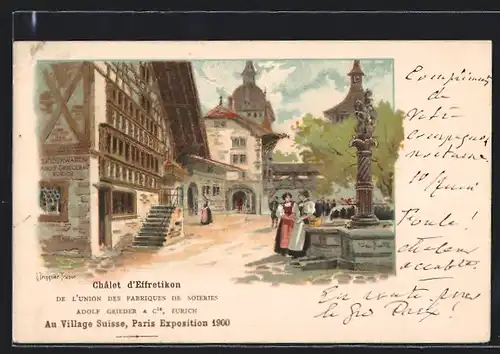 Lithographie Paris, Exposition universelle de 1900, Au Village Suisse