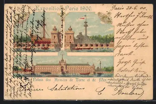 Lithographie Paris, Exposition universelle de 1900, Palais des Armées de Terre et de Mer
