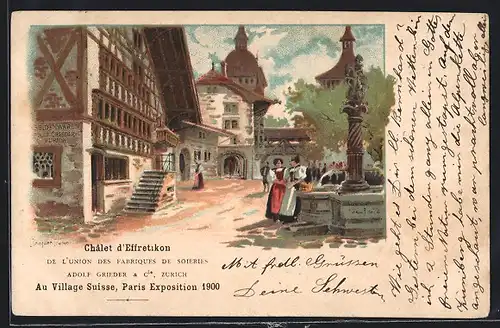 Lithographie Paris, Exposition universelle de 1900, Au Village Suisse, Chalet d`Effretikon