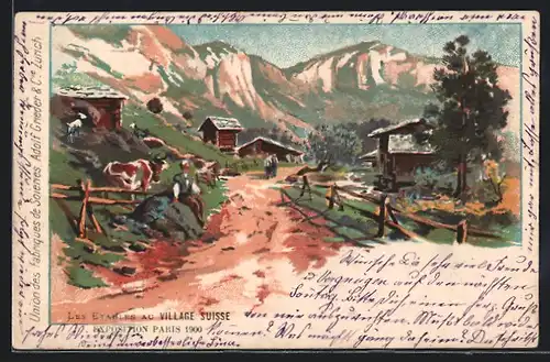 Lithographie Paris, Exposition universelle de 1900, Les Etables au Village Suisse