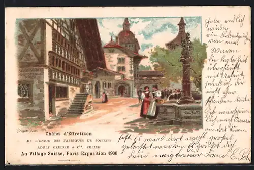 Lithographie Paris, Exposition universelle de 1900, Châlet d`Effrikon au Village Suisse
