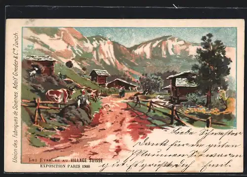 Lithographie Paris, Exposition universelle de 1900, Les Etables au Village Suisse