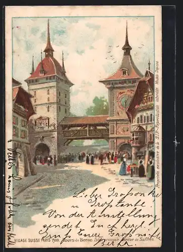 Lithographie Paris, Exposition universelle de 1900, Village Suisse, Tours de Berne, Entree principale