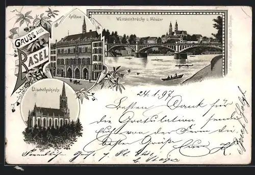 Lithographie Basel, Wettsteinbrücke und Münster, Rathaus, Elisabethenkirche