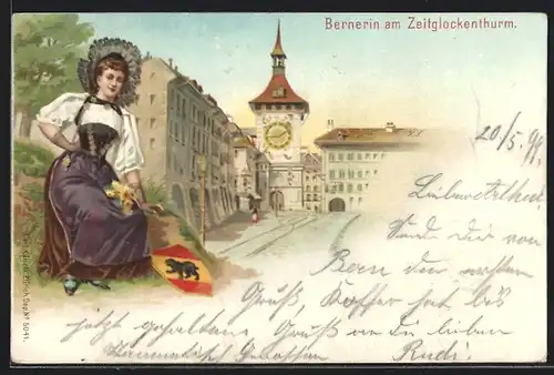Lithographie Bern, Bernerin in Tracht am Zeitglockenthurm
