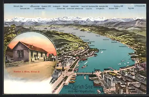 AK Zürich, Der Zürichsee aus der Vogelschau mit Kantine