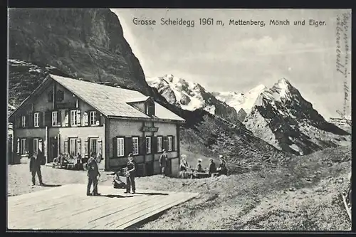 AK Grosse Scheidegg, Hotel Scheidegg mit Gästen, Mettenberg, Mönch und Eiger