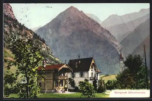 AK Göschenen, Partie mit dem Hotel Bergruh und Kirchturm