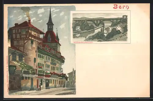 Künstler-AK Bern, Strassenpartie mit Denkmal, Kirchenfeldbrücke