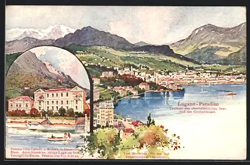 Künstler-AK Ernst Schlemo: Lugano-Paradiso, Pension Villa Carmen u. Riviera Deutsches Haus, Teilansicht