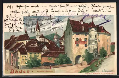 Künstler-AK Baden, Ansicht auf den Siedlungsort