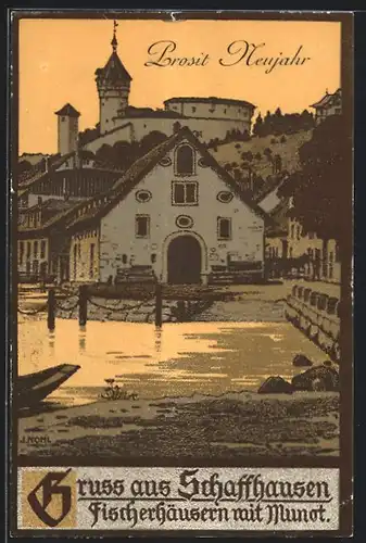 Künstler-AK Schaffhausen, Fischerhäuser mit Munot