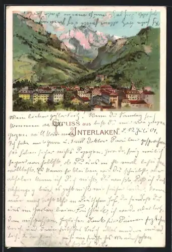 Lithographie Interlaken, Teilansicht mit Bergen