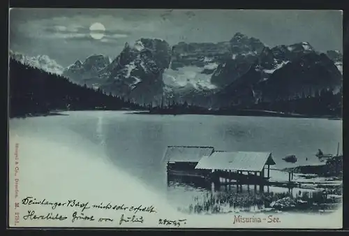 Mondschein-AK Misurina, Blick auf den See bei Vollmond