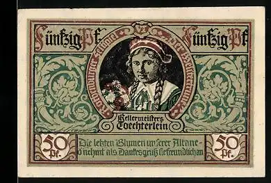 Notgeld Rothenburg ob der Tauber 1921, 50 Pfennig, Kellermeisters Tochter mit Zöpfen