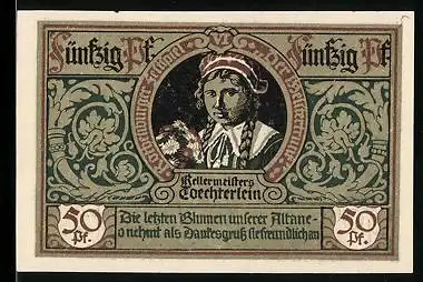 Notgeld Rothenburg ob der Tauber 1921, 50 Pfennig, Töchterlein mit Ornament Hintergrund