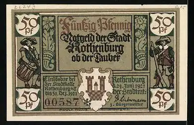 Notgeld Rothenburg ob der Tauber 1921, 50 Pfennig, Töchterlein mit Ornament Hintergrund