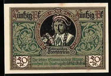Notgeld Rothenburg ob der Tauber 1921, 50 Pfennig, Portrait von Kellermeisters Töchterlein