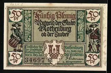 Notgeld Rothenburg ob der Tauber 1921, 50 Pfennig, Portrait von Kellermeisters Töchterlein