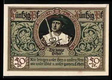 Notgeld Rothenburg ob der Tauber 1921, 50 Pfennig, Portrait Soldat mit Schwert