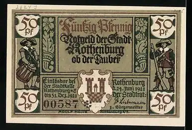 Notgeld Rothenburg ob der Tauber 1921, 50 Pfennig, Portrait Soldat mit Schwert