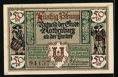 Notgeld Rothenburg ob der Tauber 1921, 50 Pfennig, General Tilly, 30 jähriger Krieg