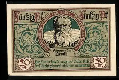 Notgeld Rothenburg ob der Tauber 1921, 50 Pfennig, Portrait vom Bürgermeister Bezold