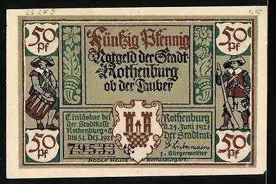 Notgeld Rothenburg ob der Tauber 1921, 50 Pfennig, Portrait vom Bürgermeister Bezold