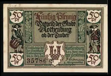 Notgeld Rothenburg ob der Tauber 1921, 50 Pfennig, betrunkener Kellermeister