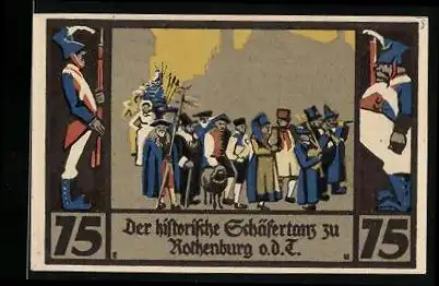 Notgeld Rothenburg ob der Tauber 1921, 75 Pfennig, Festzug von Soldaten flankiert