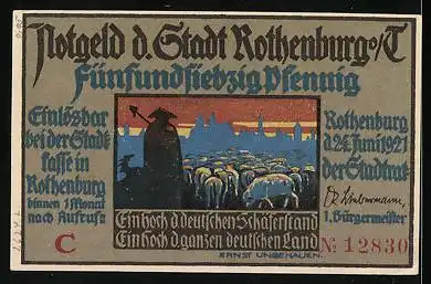 Notgeld Rothenburg ob der Tauber 1921, 75 Pfennig, Festzug von Soldaten flankiert