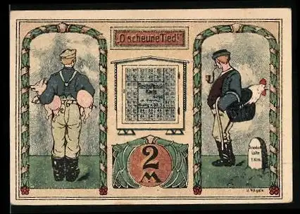 Notgeld Tonndorf-Lohe 1921, 2 Mark, Mann mit Schweinen unter dem Arm, Mann mit Huhn im Korb