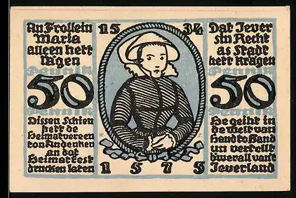 Notgeld Jever 1921, 50 Pfennig, Portrait von einer Frau in Tracht um 1534
