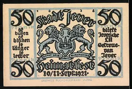 Notgeld Jever 1921, 50 Pfennig, Stadtwappen