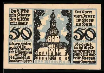 Notgeld Jever 1921, 50 Pfennig, Blick auf das Rathaus