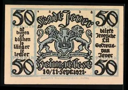 Notgeld Jever 1921, 50 Pfennig, Blick auf das Rathaus